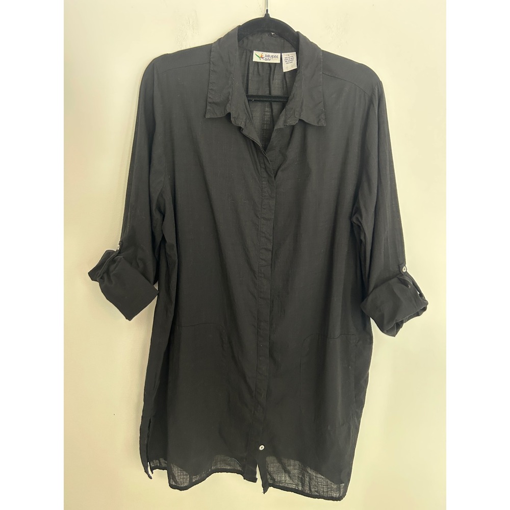 Paradise Bay Black Cotton Gauze Roll Tab Sleeve Button up Tunic Shirt /Coverup L